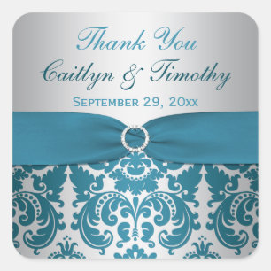 PRINTED RIBBON Silver, Teal Damask Wedding Sticker