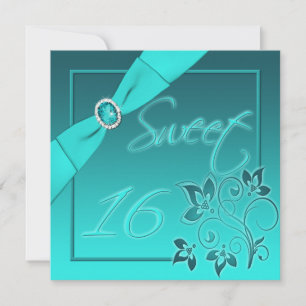 PRINTED RIBBON Teal, Aqua Sweet Sixteen Invite