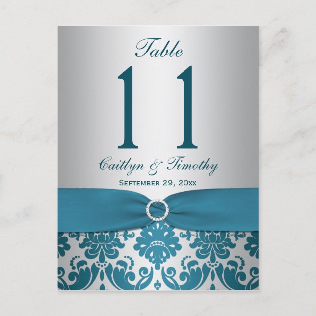 PRINTED RIBBON Teal Damask Table Number Postcard (Front)