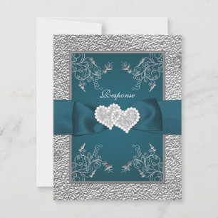 PRINTED RIBBON Teal, Grey Joined Hearts RSVP Card