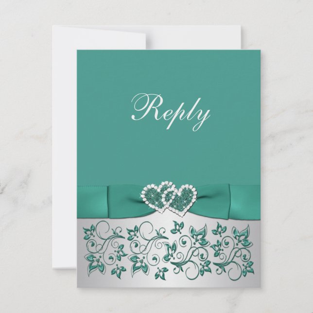 PRINTED RIBBON Teal, Silver Floral Reply Card (Front)