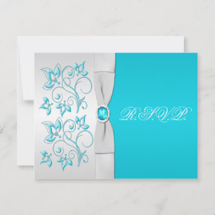 PRINTED RIBBON Turquoise, Silver Floral RSVP Card