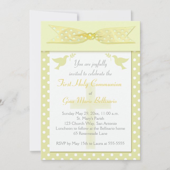 PRINTED RIBBON Yellow 1st Holy Communion Invite (Front)