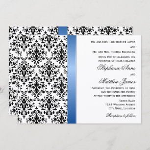 Printed Royal Blue Ribbon and Damask Wedding Invitation