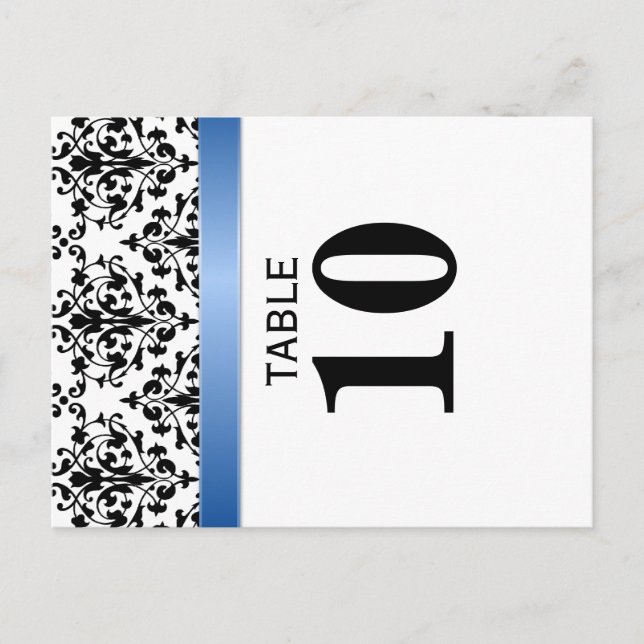 Printed Royal Blue Ribbon Damask Table Number Card (Front)