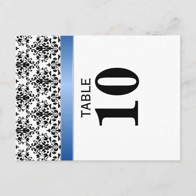 Printed Royal Blue Ribbon Damask Table Number Postcard (Front)