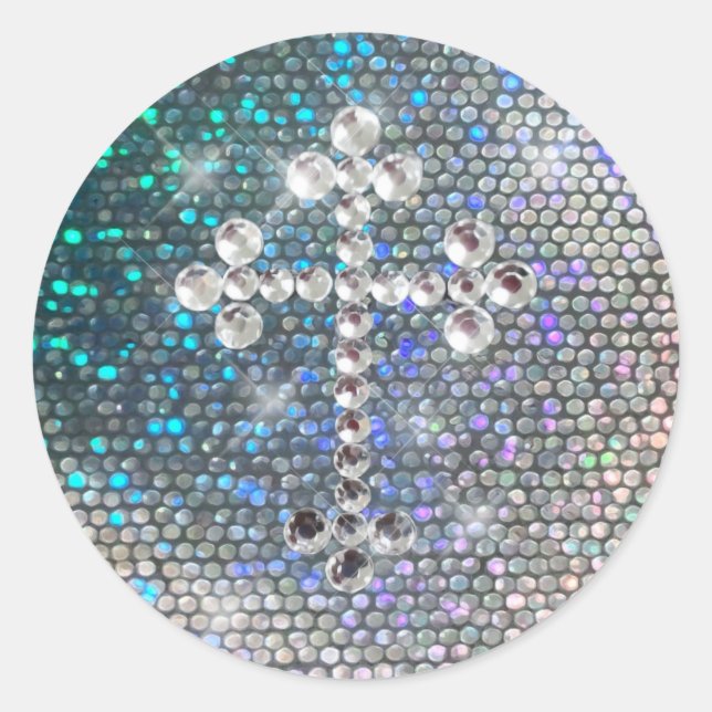 Printed Silver Bling Cross Classic Round Sticker (Front)