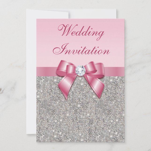 Printed Silver Sequins and Pink Bow Wedding Invitation (Front)