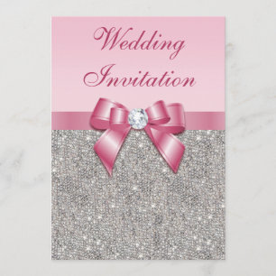 Printed Silver Sequins and Pink Bow Wedding Invitation