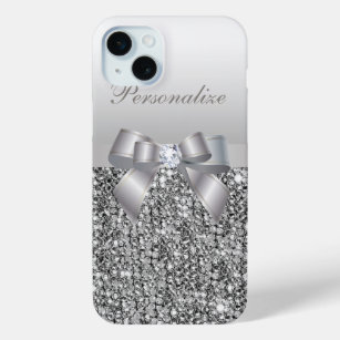 Printed Silver Sequins, Bow & Diamond Image iPhone 15 Mini Case