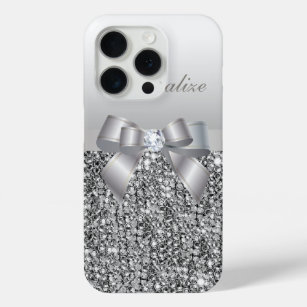 Printed Silver Sequins, Bow & Diamond Image iPhone 15 Pro Case