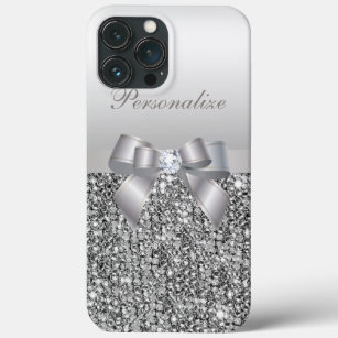 Printed Silver Sequins, Bow & Diamond Image iPhone 13 Pro Max Case