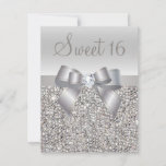 Printed Silver Sequins, Bow & Diamond Sweet 16 Invitation<br><div class="desc">Elegant custom silver Sweet 16 birthday party invitations with a beautiful silver printed sequins pattern, a cute shiny silver printed bow and ribbon and a pretty printed diamond bling jewel.These classy glamourous invites are decorated both sides. Beautiful, chic, trendy, modern invitations. PLEASE NOTE: ALL INVITES ON ZAZZLE HAVE FLAT PRINTED...</div>