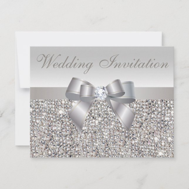 Printed Silver Sequins, Bow & Diamond Wedding Invitation (Front)