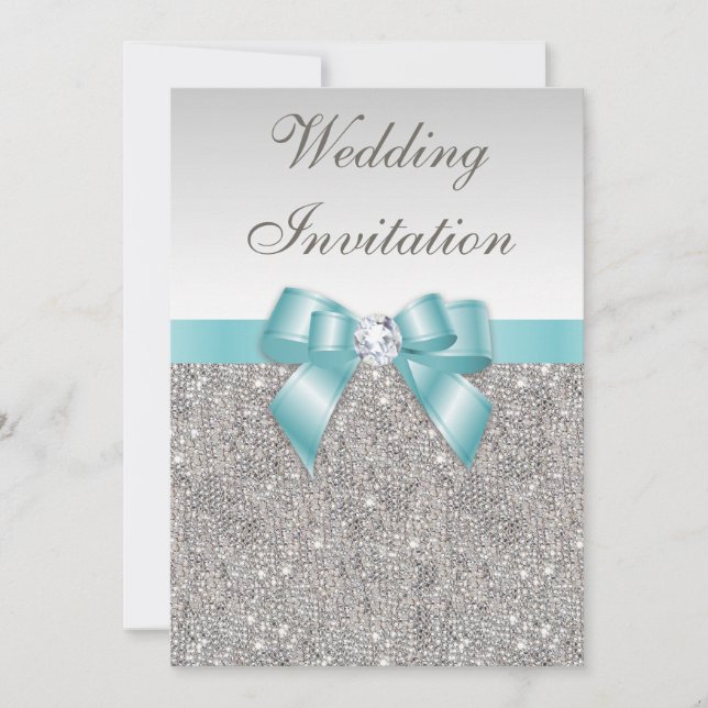 Printed Silver Sequins Diamonds Teal Bow Wedding Invitation (Front)