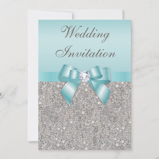 Printed Silver Sequins Diamonds Teal Bow Wedding Invitation (Front)