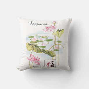 Printed Single Word Happiness With Water Lillies Cushion