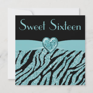 Printed Teal Heart & Zebra Glitter Sweet 16 Invitation