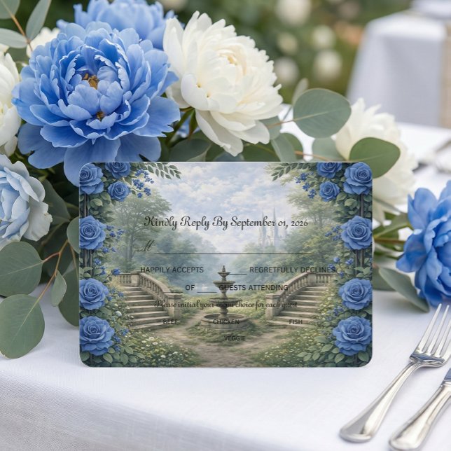 Printed Watercolor Castle Garden Fountain RSVP Card (Creator Uploaded)