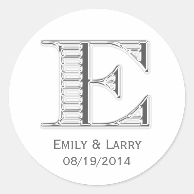 Printed white chrome monogram E wedding favour Classic Round Sticker (Front)
