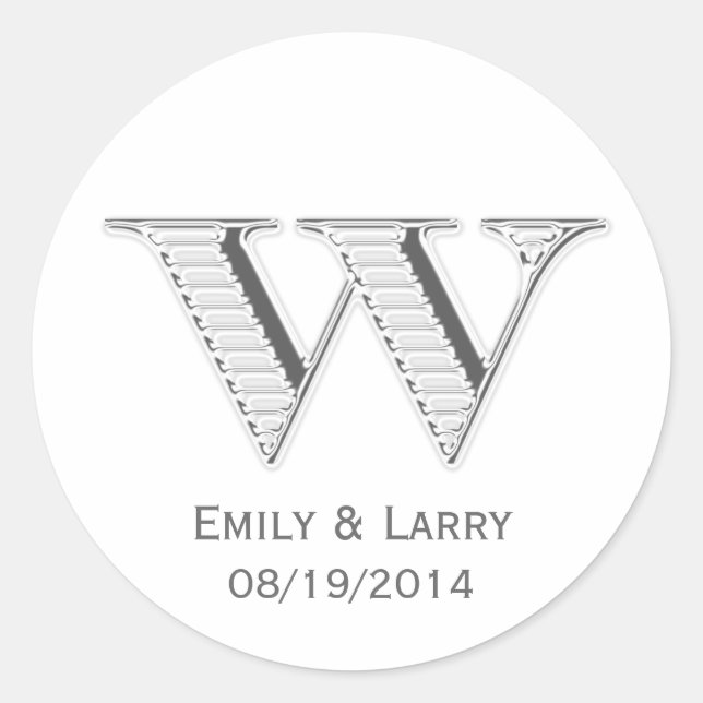 Printed white chrome monogram W wedding favour Classic Round Sticker (Front)