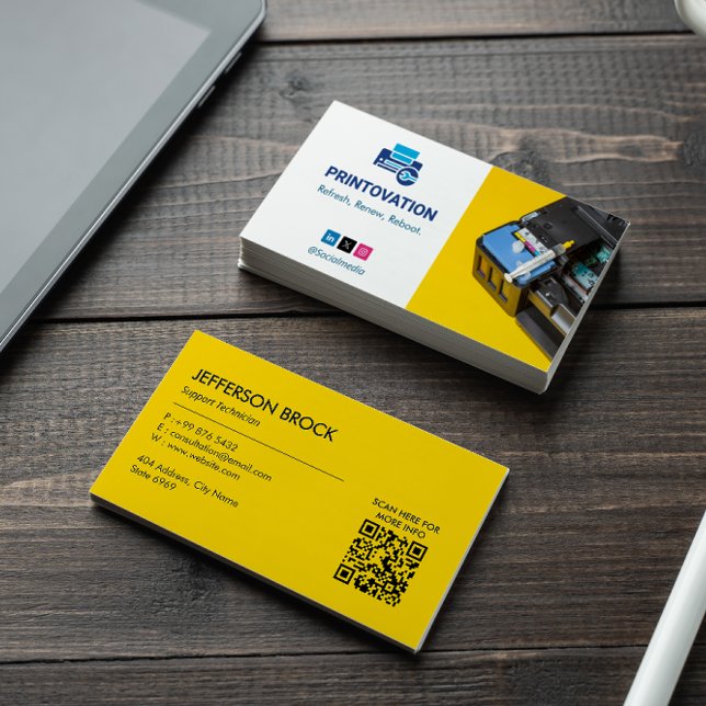 Printer Repair Business | Yellow White Barcode Business Card (Creator Uploaded)