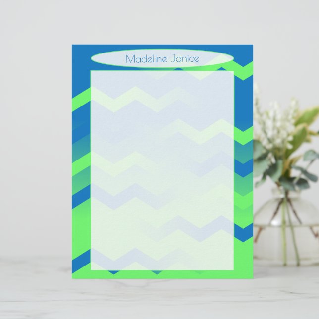Printer-Sized Blue and Green Chevron Stationery Custom Letterhead (Standing Front)
