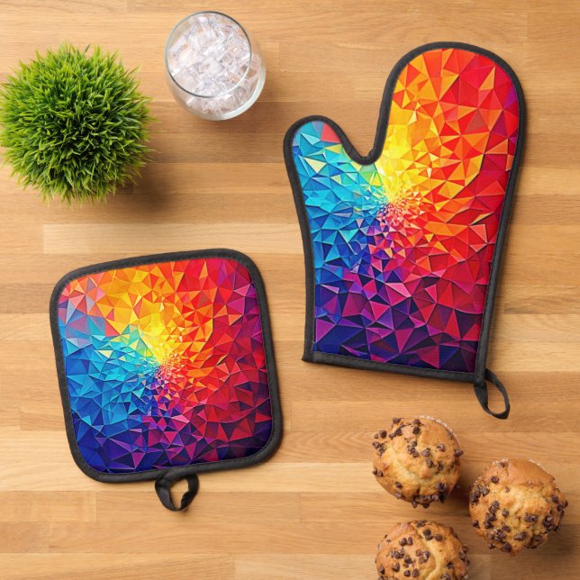 Prismatic Chaos Digital Grid Design Oven Mitt & Pot Holder Set (Top Down)