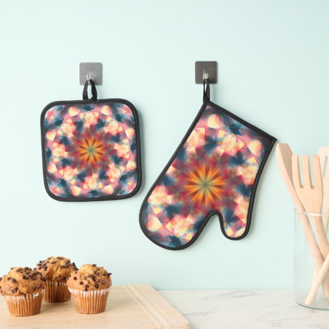 Prismatic Kaleidoscopic Psychedelic Mandala Oven Mitt & Pot Holder Set (Insitu(Hanging))