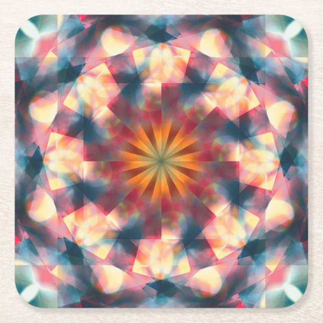 Prismatic Kaleidoscopic Psychedelic Mandala Square Paper Coaster (Front)