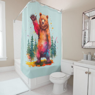 "Prismatic Paws: A Vibrant Forest Greeting Shower Curtain