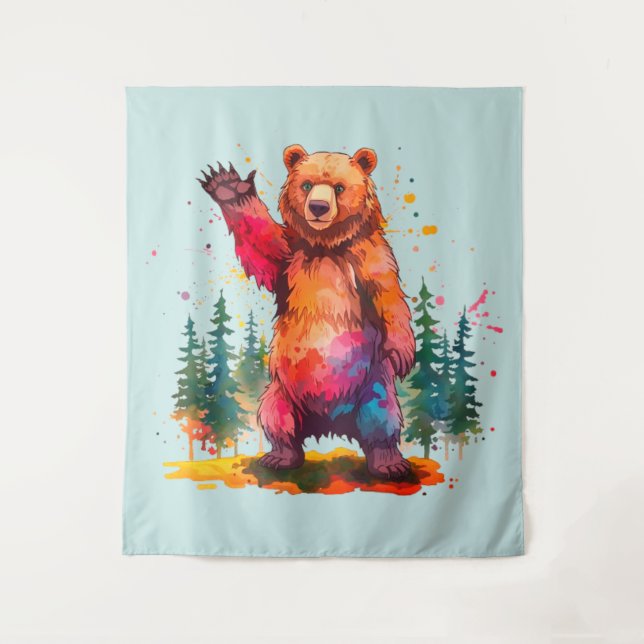 "Prismatic Paws: A Vibrant Forest Greeting Tapestry (Front)