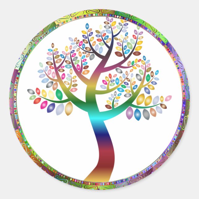 Prismatic Rainbow-Coloured Tree Boho Decorative Classic Round Sticker (Front)