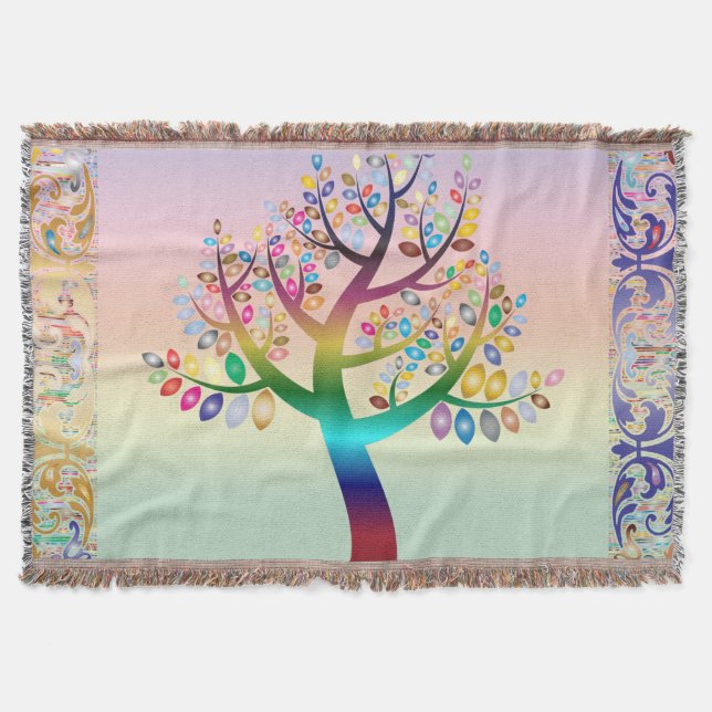 Prismatic Rainbow Tree Background & Border Throw Blanket (Front)