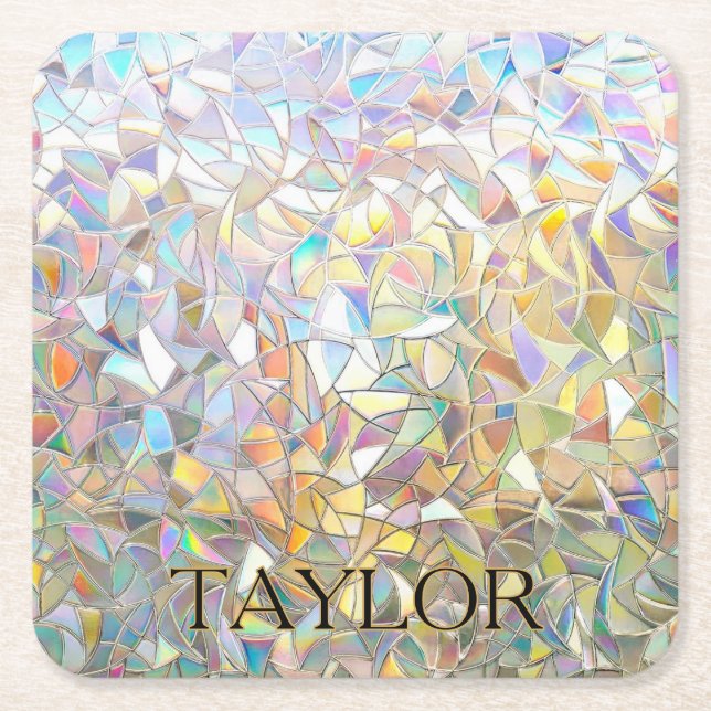 Prismatic Stained Glass Effect - Rainbow Prismatic Square Paper Coaster (Front)