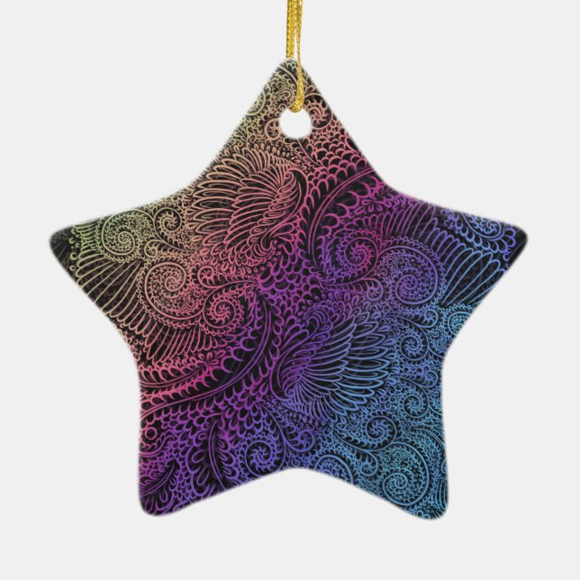 Prismatic Swirl | Rainbow Fractal Feather Art Ceramic Tree Decoration (Back)