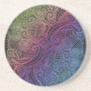 Prismatic Swirl Rainbow Fractal Feather Art Coaster