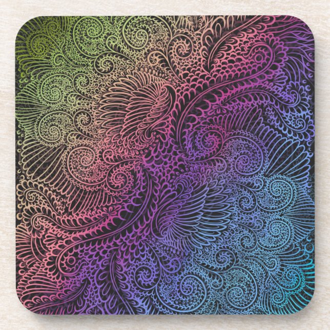 Prismatic Swirl | Rainbow Fractal Feather Art Coaster (Front)