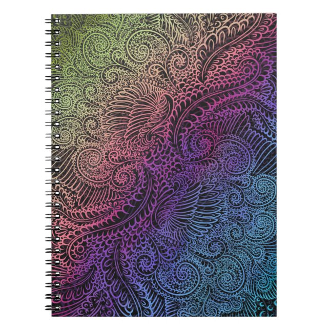 Prismatic Swirl | Rainbow Fractal Feather Art Notebook (Front)