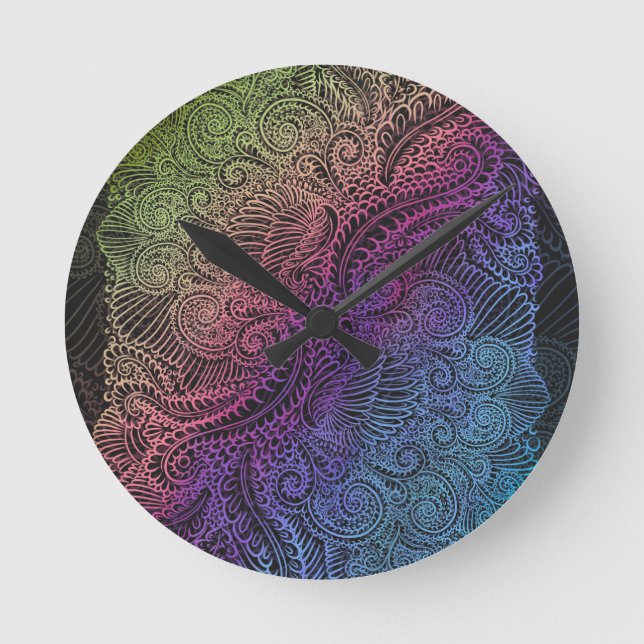 Prismatic Swirl | Rainbow Fractal Feather Art Round Clock (Front)