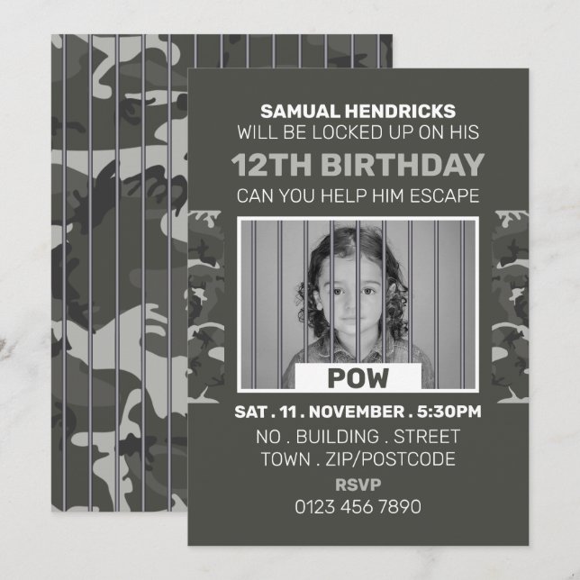 Prisoner of War Themed Escape Room, Birthday Party Invitation (Front/Back)