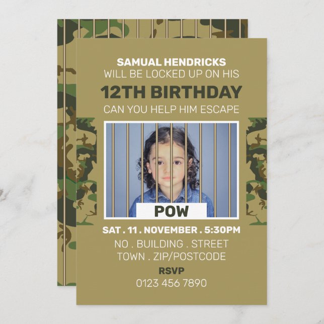 Prisoner of War Themed Escape Room, Birthday Party Invitation (Front/Back)