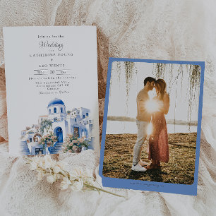 Pristine Blue and White Santorini Wedding Invitation