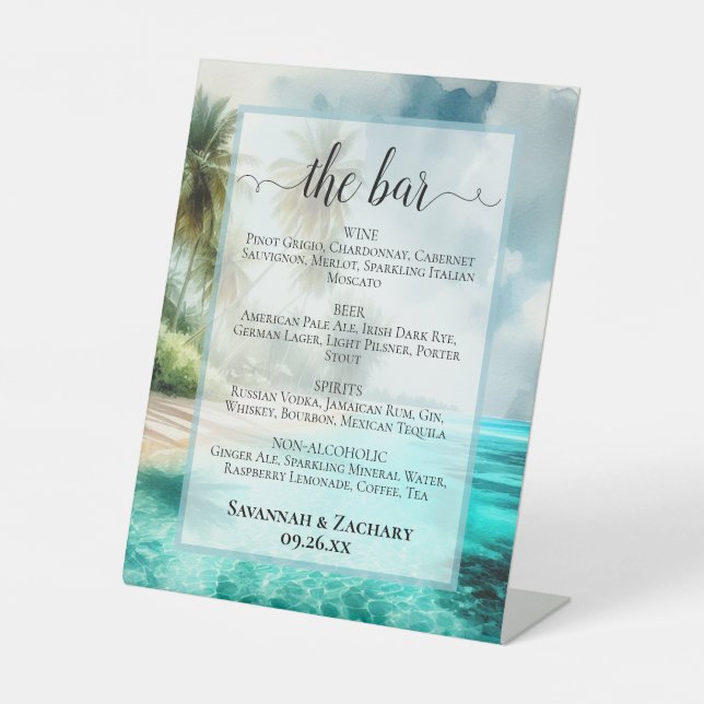 Pristine Tropical Beach Wedding Drinks or Bar Menu Pedestal Sign (Front)