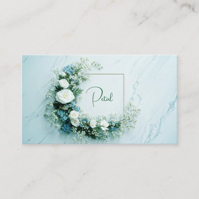 Pristine White Rose and Blue Floral Marble Business Card (Front)