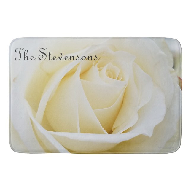 Pristine White Rose Close-Up Photo Bath Mat (Front)