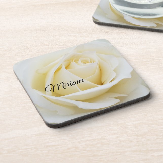Pristine White Rose Close-Up Photo Coaster (Left Side)