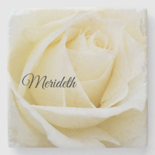 Pristine White Rose Close-Up Photo Stone Coaster