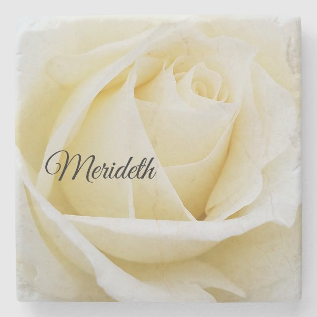 Pristine White Rose Close-Up Photo Stone Coaster (Front)