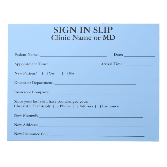 Privacy Patient Sign In Slips Notepad (Sky Blue) (Front)